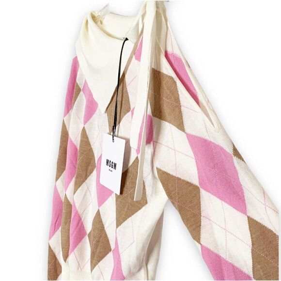 MSGM Argyle Checked The Finicky Filly Pullover Wool Cut Out Sleeve Sweater M NEW - Picture 5 of 11